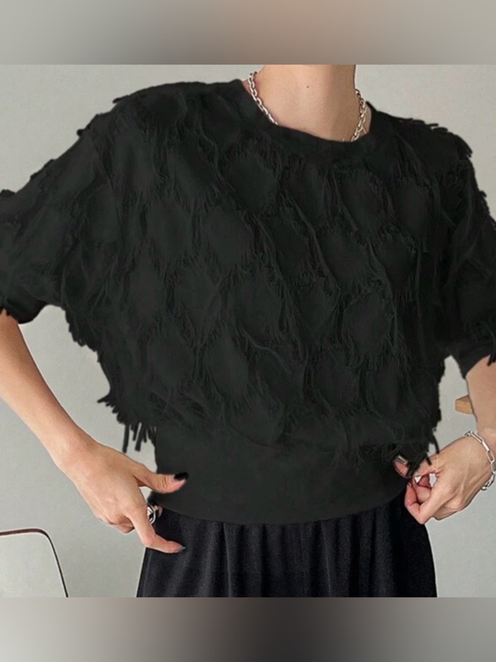 NWOT Fuzzy Textured Black Short Sleeve Blouse
